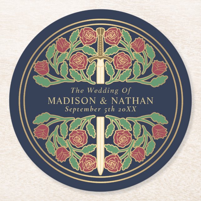 Blue Royal Medieval Gold Sword Wedding Round Paper Coaster (Front)