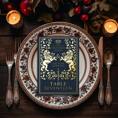 Blue Royal Medieval Lion Wedding  Foil Table Card