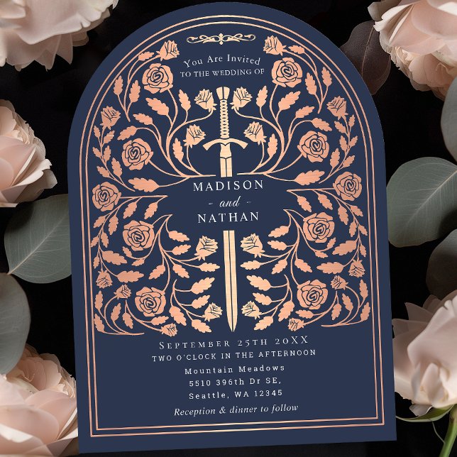Blue Royal Medieval Rose Gold Sword Wedding Arch Invitation (Creator Uploaded)