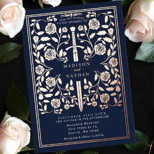 Blue Royal Medieval Rose Gold  Sword Wedding  Foil Invitation