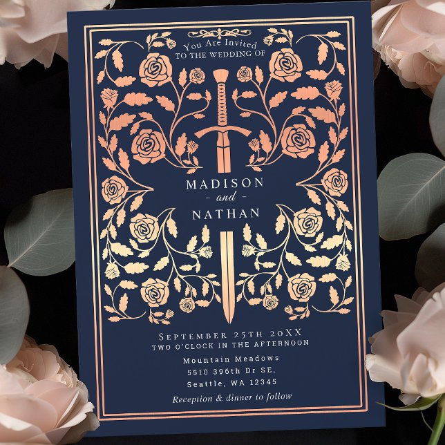 Blue Royal Medieval Rose Gold  Sword Wedding  Invitation (Creator Uploaded)