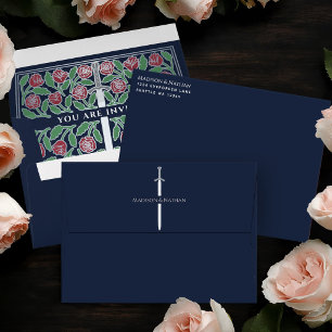 Blue Royal Medieval Silver Floral Sword Wedding Envelope