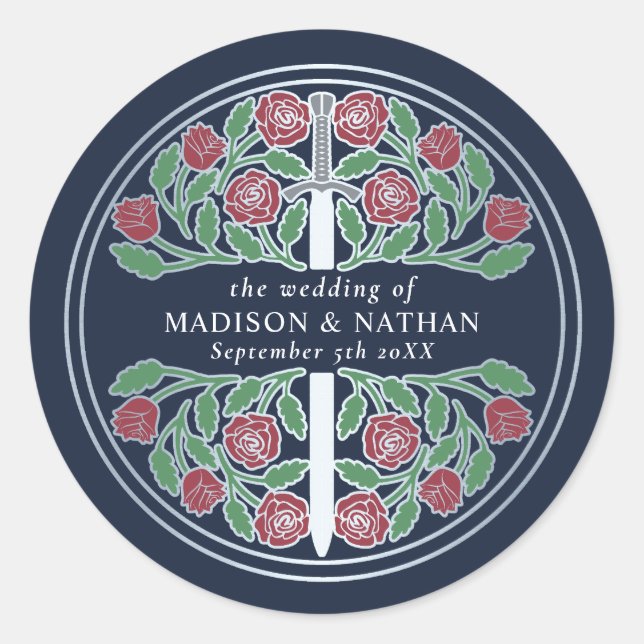 Blue Royal Medieval Silver Sword Wedding  Classic Round Sticker (Front)