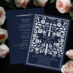 Blue Royal Medieval Silver Sword Wedding Details Foil Invitation