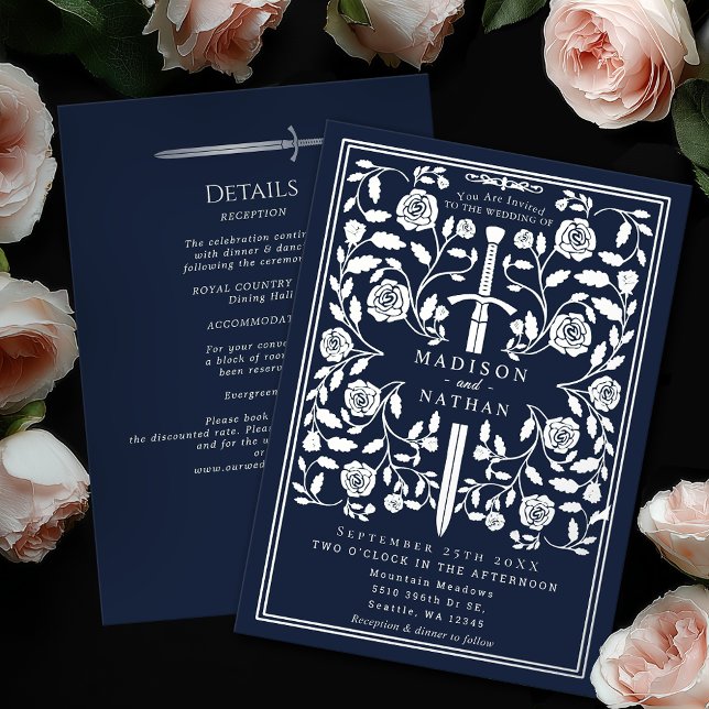 Blue Royal Medieval Silver Sword Wedding Details Foil Invitation (Creator Uploaded)