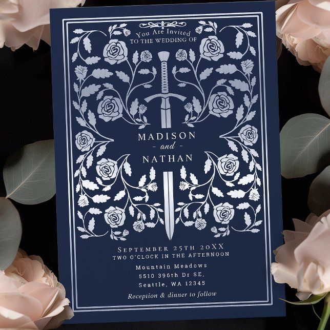 Blue Royal Medieval Silver Sword Wedding  Invitation (Creator Uploaded)