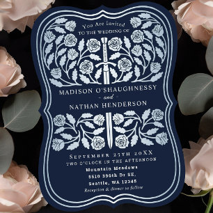 Blue Royal Medieval Silver Sword Wedding Invitation