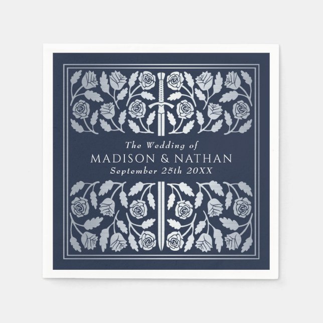 Blue Royal Medieval Silver Sword Wedding Napkins (Front)