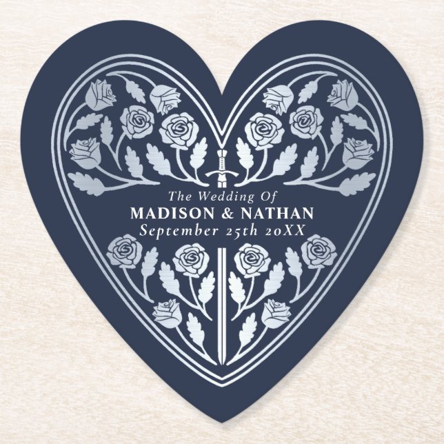 Blue Royal Medieval Silver Sword Wedding Paper Coaster (Front)