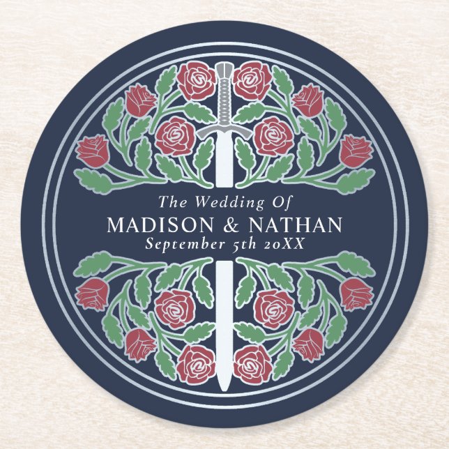 Blue Royal Medieval Silver Sword Wedding Round Paper Coaster (Front)