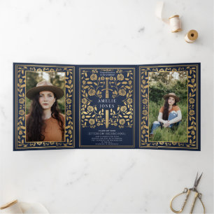 Blue Royal Medieval Sword Photo Graduation Party  Tri-Fold Invitation