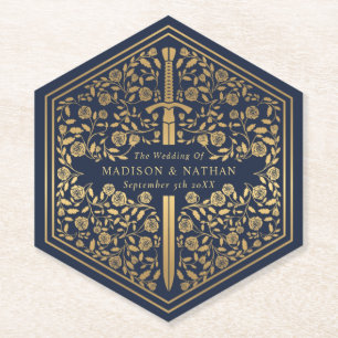 Blue Royal Medieval Sword Wedding Paper Coaster