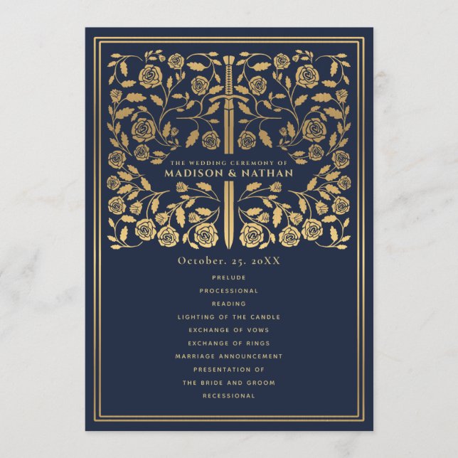 Blue Royal Medieval Sword Wedding Program (Front)
