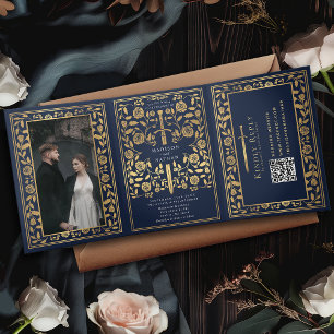 Blue Royal Medieval Sword Wedding QR Code Tri-Fold Invitation