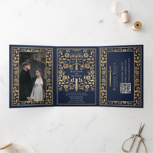 Blue Royal Medieval Sword Wedding QR Code Tri_Fold Invitation