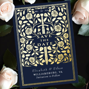 Blue Royal Medieval Sword Wedding Save the Date Foil Invitation