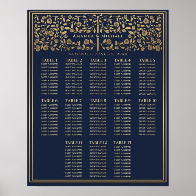 Blue Royal Medieval Sword Wedding Seating Chart (Front)