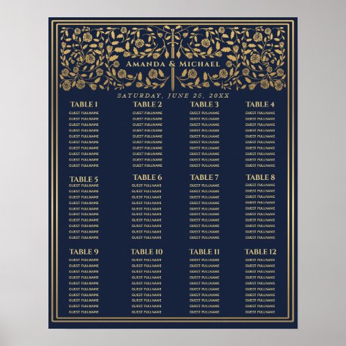 Blue Royal Medieval Sword Wedding Seating Chart