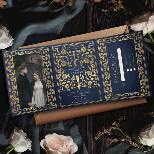 Blue Royal Medieval Sword Wedding Tri-Fold Invitation