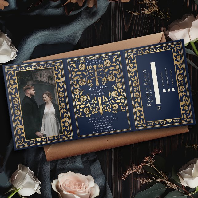 Blue Royal Medieval Sword Wedding Tri-Fold Invitation (Creator Uploaded)