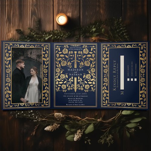 Blue Royal Medieval Sword Wedding Tri_Fold Invitation