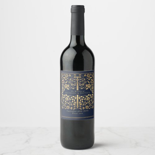 Blue Royal Medieval Sword Wedding Wine Label