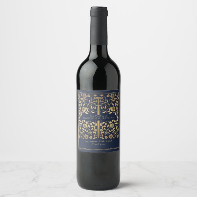 Blue Royal Medieval Sword Wedding Wine Label (Front)