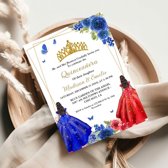 Blue Royal & Red Butterfly Twin Quinceanera Invitation (Creator Uploaded)