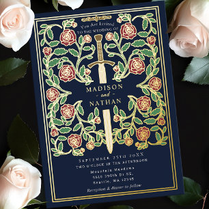 Blue Royal Sword Floral Medieval Fantasy Wedding  Foil Invitation