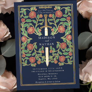 Blue Royal Sword Floral Medieval Fantasy Wedding  Invitation
