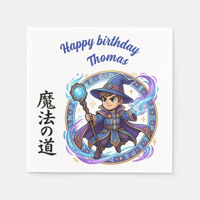 Blue RPG Wizard Anime Chibi Gamer Birthday Napkins (Front)