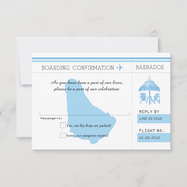 Blue RSVP Boarding Pass TO BARBADOS Card (Front)