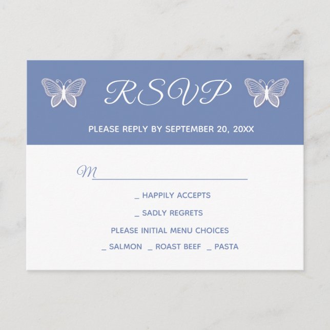 Blue RSVP Butterfly Wedding Butterflies Party Invitation Postcard (Front)