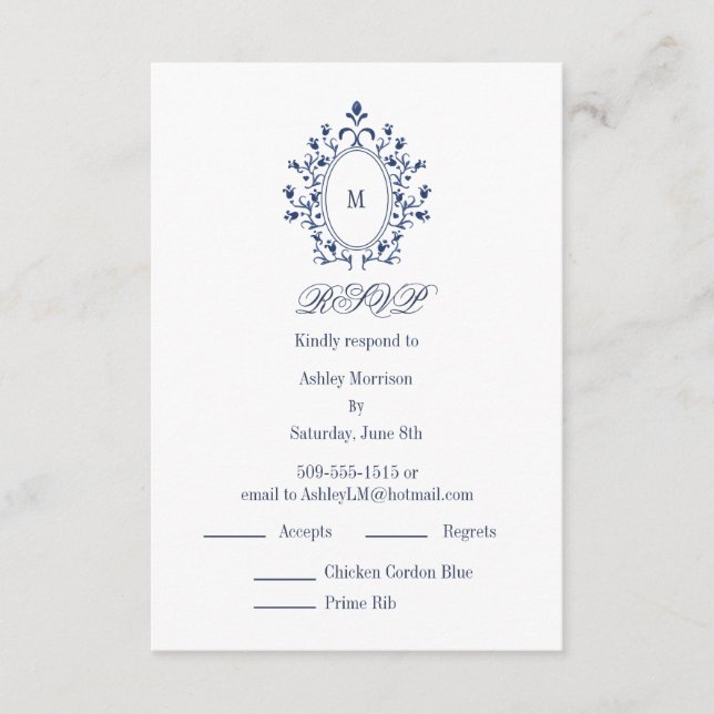 BLUE RSVP card Monogram With 2 Entree Choice (Front)