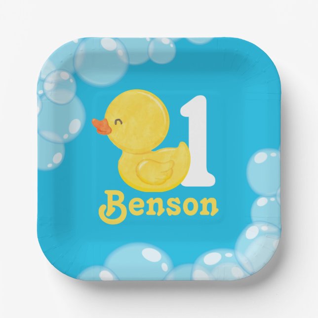 Blue Rubber Duck Personalized Birthday Paper Plates (Front)
