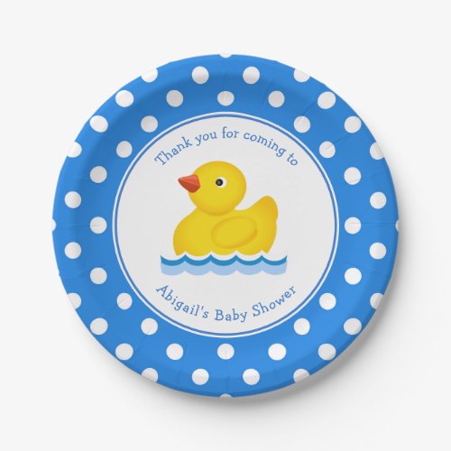 Blue Rubber Duck Polka Dot Baby Shower Paper Plate