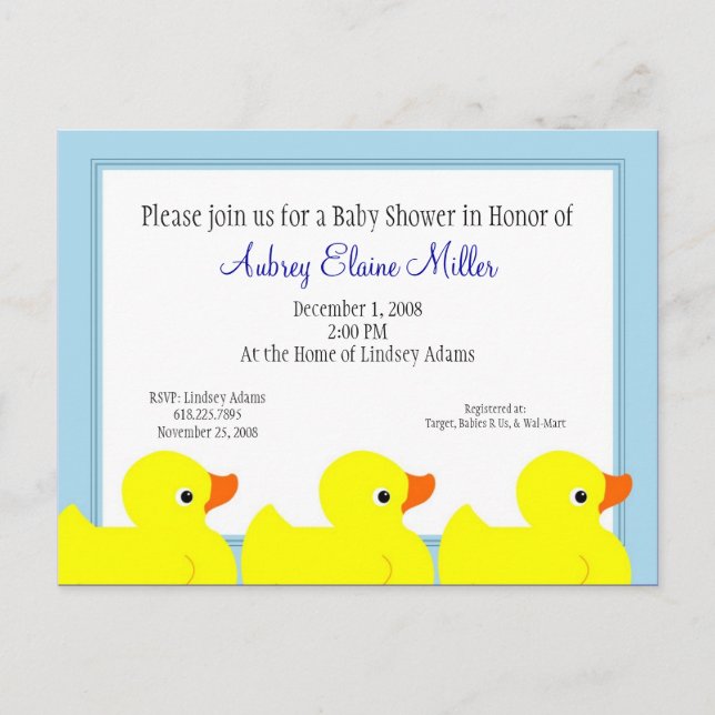 Blue Rubber Ducky Shower Invitation Postcard (Front)