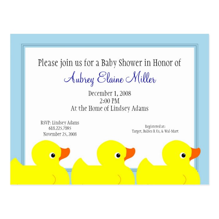 Blue Rubber Ducky Shower Invitation Postcards