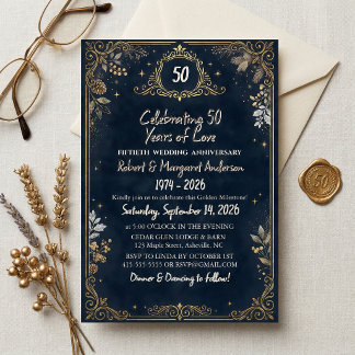 Blue Ruby Script Simple 50th Wedding Anniversary Invitation