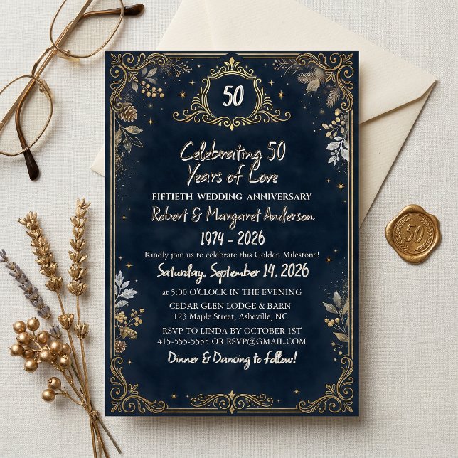 Blue Ruby Script Simple 50th Wedding Anniversary Invitation (Creator Uploaded)