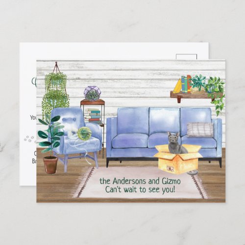 Blue Russian Cat Cozy New Home Address Moving   Announcement Postcard