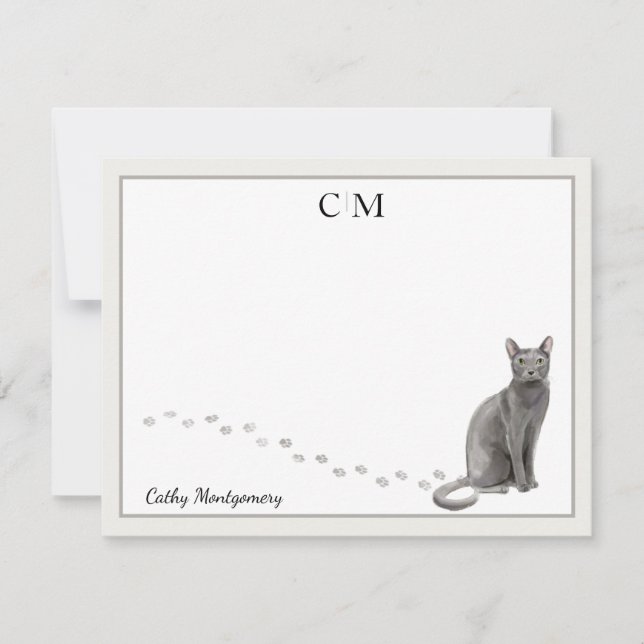 Blue Russian Cat Gray Border Monogram and Name Note Card (Front)