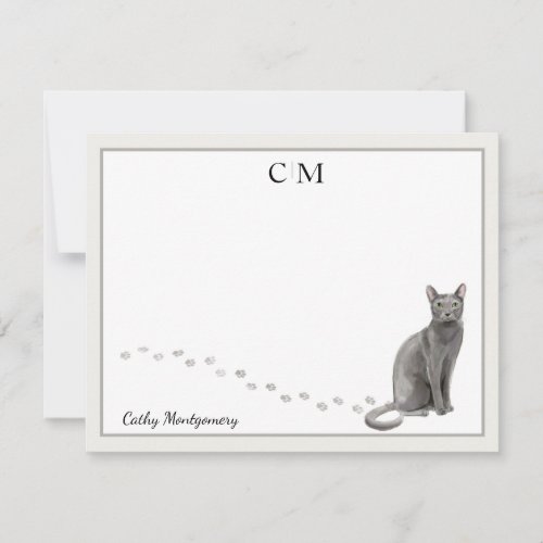 Blue Russian Cat Gray Border Monogram and Name Note Card