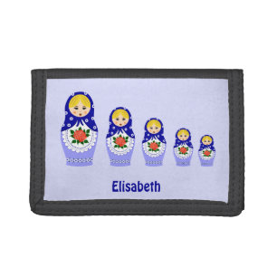 Blue russian matryoshka nesting dolls name trifold wallet