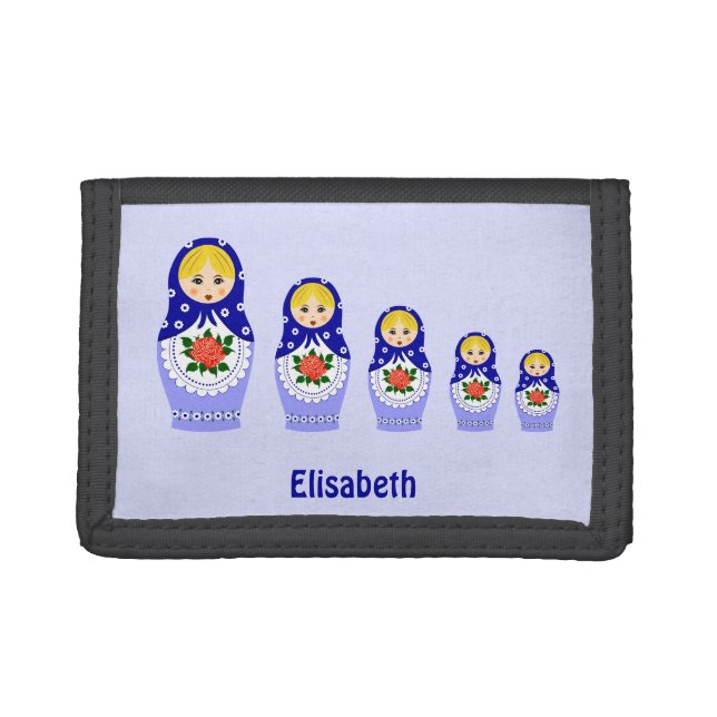 Blue russian matryoshka nesting dolls name trifold wallet (Front)