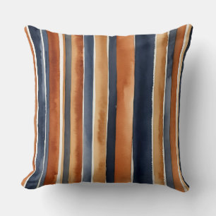 Blue rust and beige watercolor stripes throw pillow