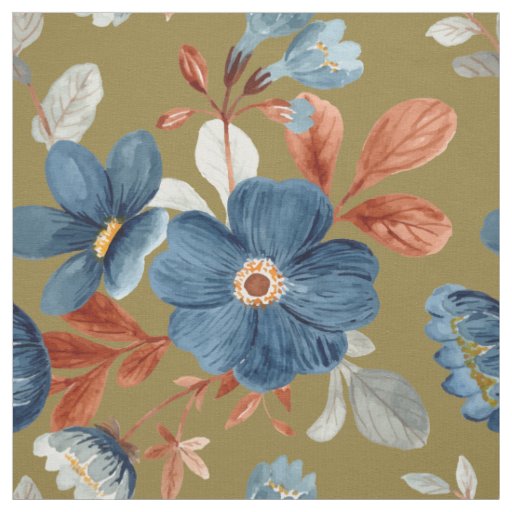Blue Rust Burnt Orange Floral Olive Green Fabric