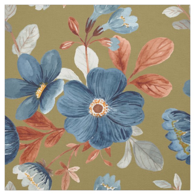 Blue Rust Burnt Orange Floral Olive Green Fabric (Swatch)