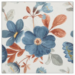 Blue Rust Burnt Orange Watercolor Flowers White Fabric