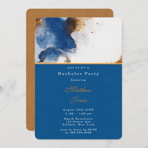 Blue Rust Copper Watercolor Agate Bachelor Party Invitation